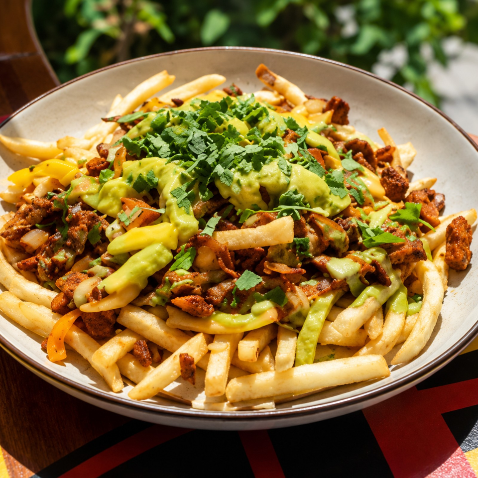 Loaded plate of fries topped with seasoned meat, avocado sauce, peppers, onions, and fresh cilantro.