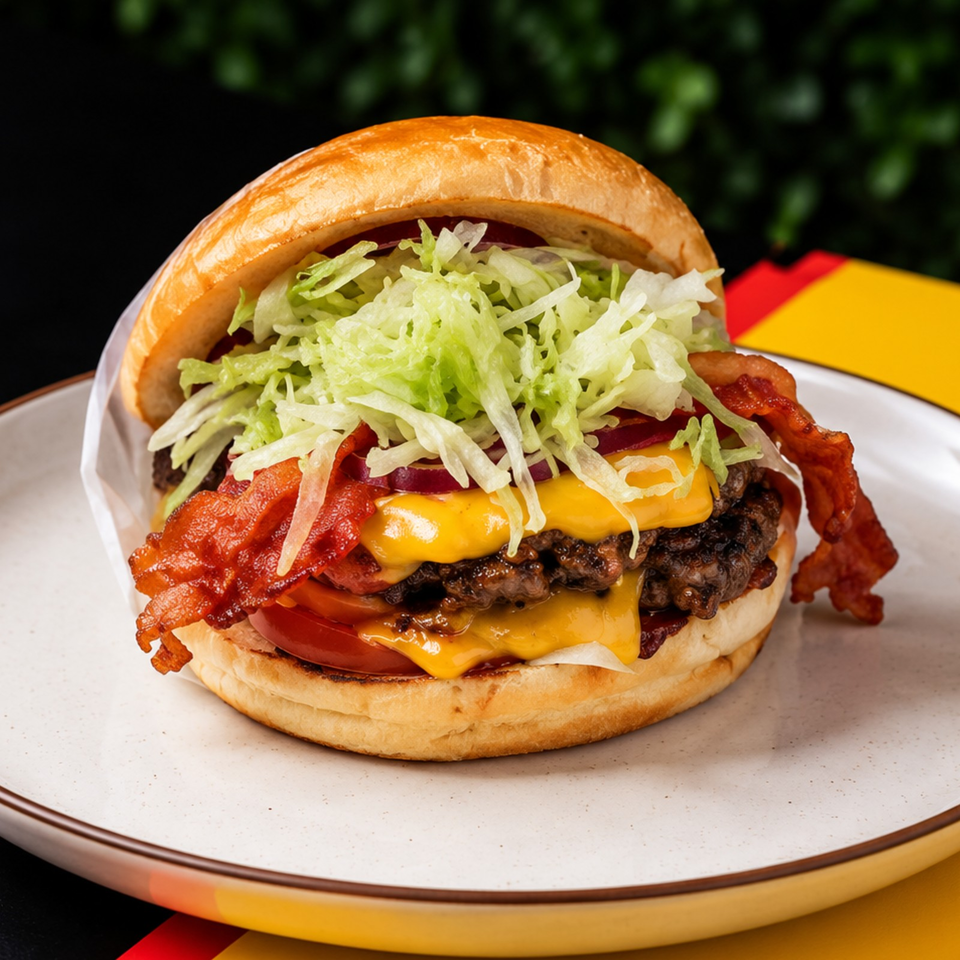Bacon cheeseburger topped with shredded lettuce and tomato on a white plate.