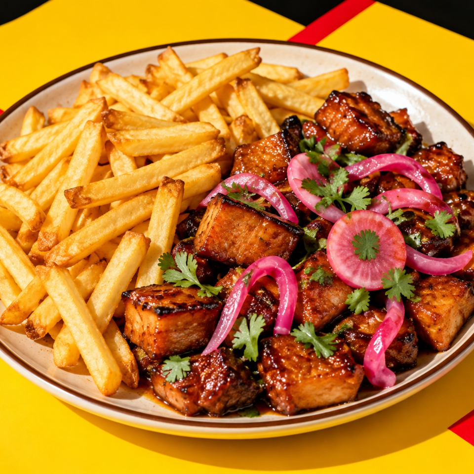 Plate of glazed grilled meat chunks with fries, pickled red onions, and cilantro on a bright yellow table.