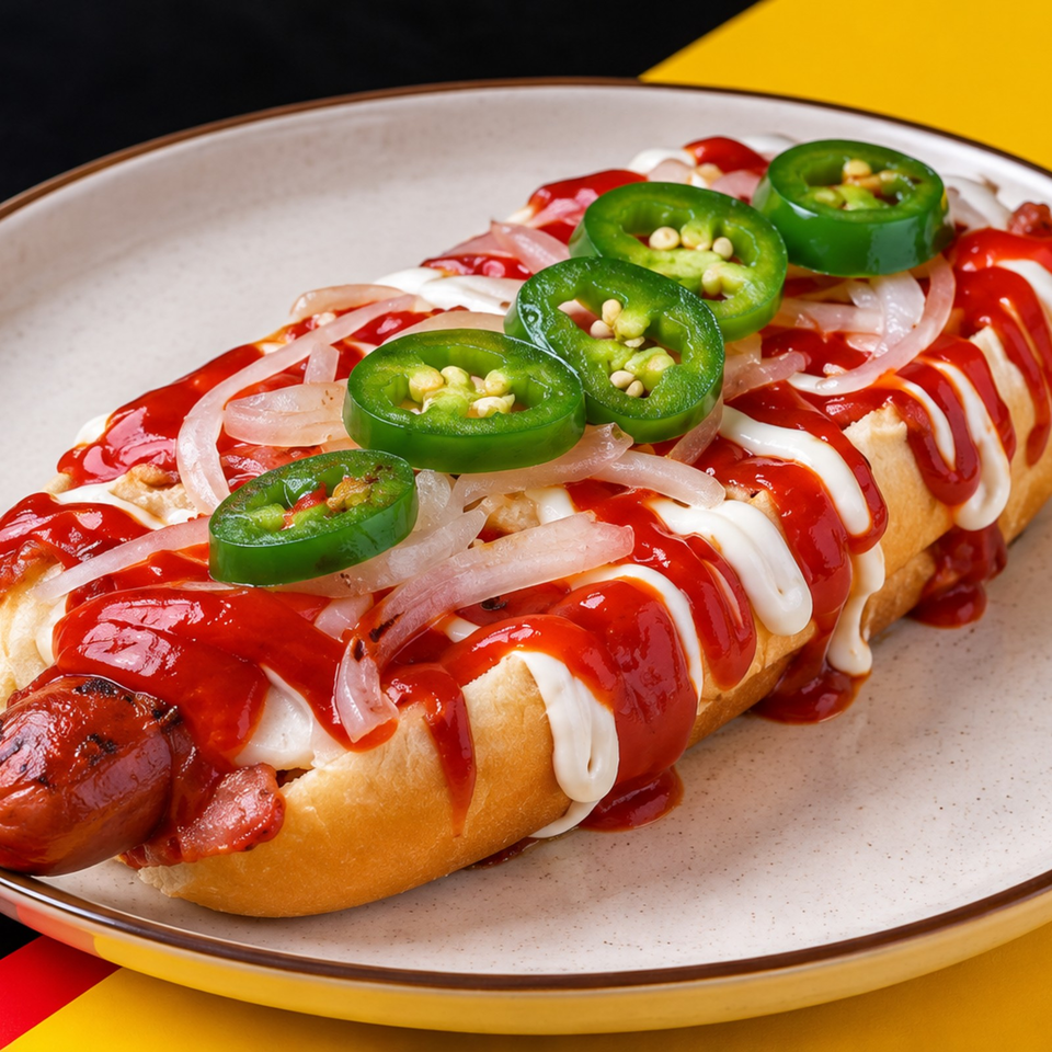 Hot dog topped with ketchup, mayonnaise, sliced onions, and jalapeños on a plate.