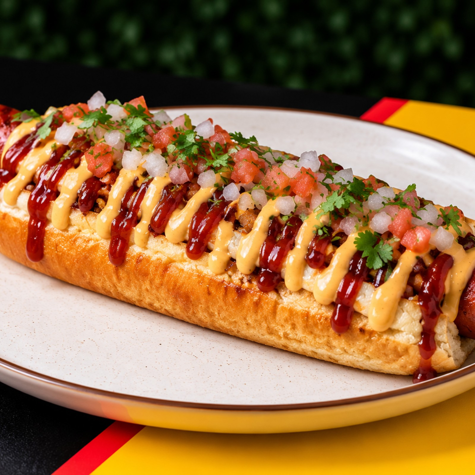 Loaded hot dog in a toasted bun topped with ketchup, creamy sauce, diced tomatoes, onions, and fresh cilantro.