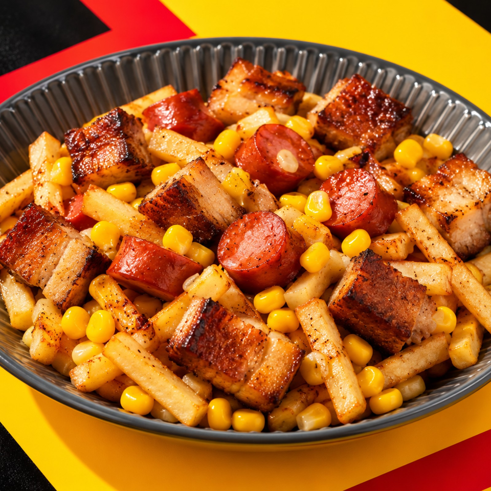 Grilled sausage, roasted potatoes, and sweet corn served in a black bowl on a colorful red and yellow surface.