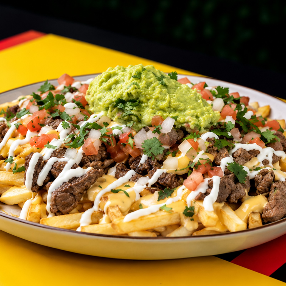 Loaded fries topped with steak, cheese sauce, sour cream, pico de gallo, cilantro, and guacamole on a plate.