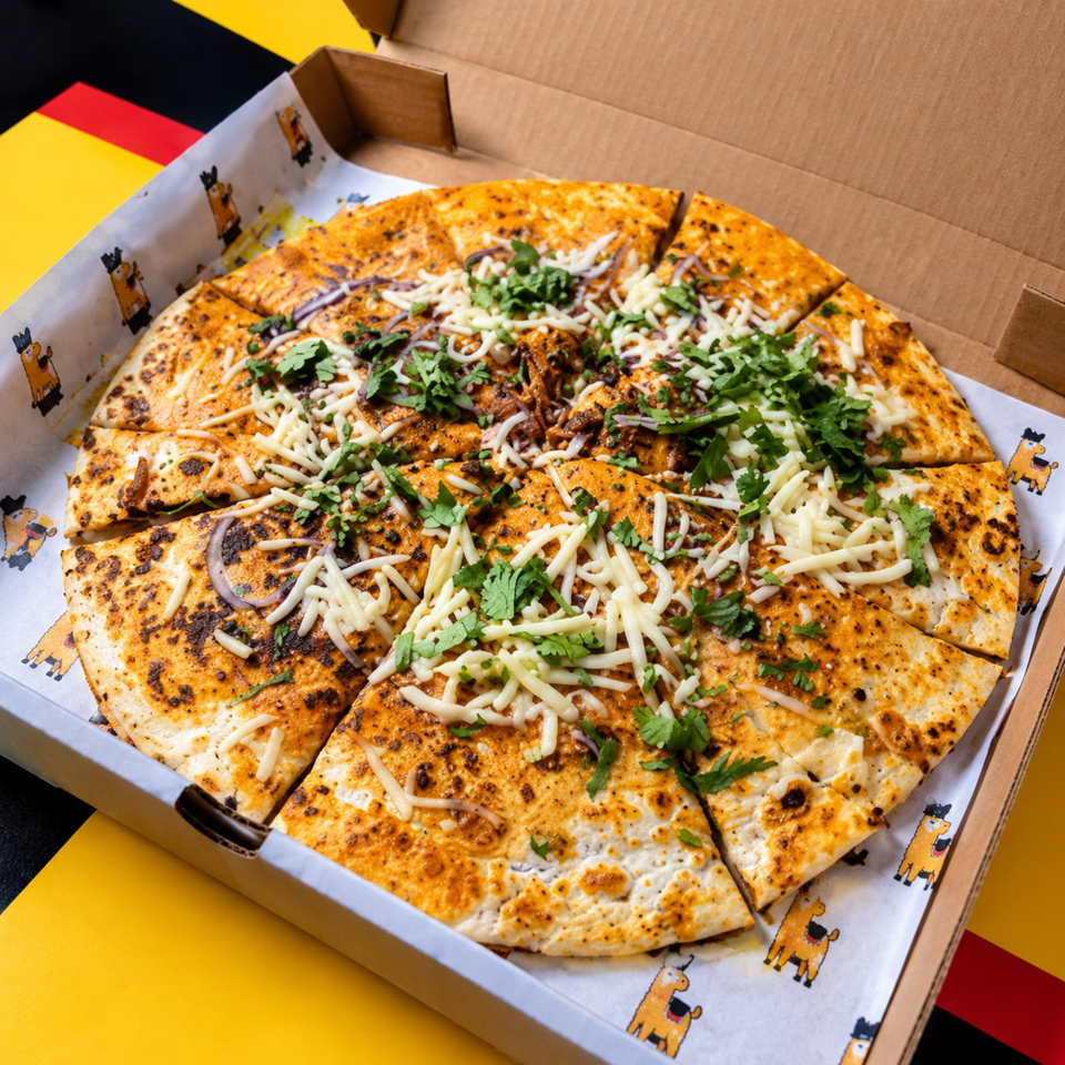 Large sliced pizza topped with melted cheese, red onion, mushrooms, and fresh cilantro in a cartoon-decorated cardboard box.