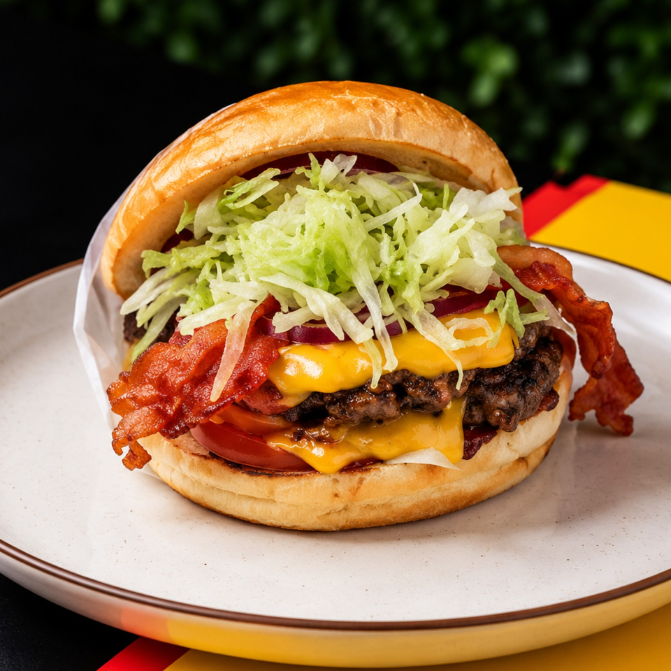 Loaded cheeseburger topped with bacon, lettuce, tomato, onion, and melted cheese on a plate.