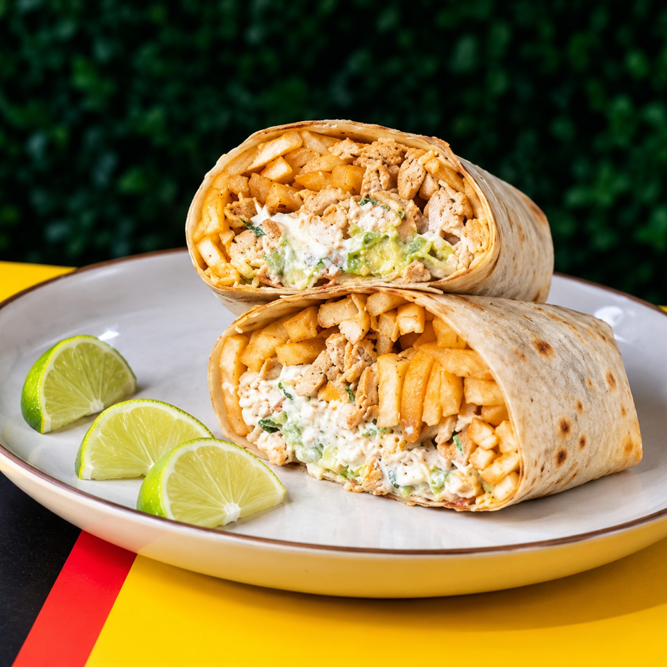 Two chicken shawarma wraps filled with fries, lettuce, and creamy sauce, served with lime wedges on a plate.