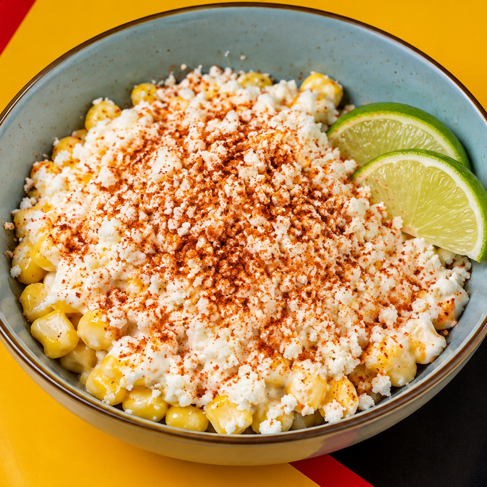 Bowl of Mexican street corn topped with creamy sauce, crumbled cheese, chili powder, and lime wedges.