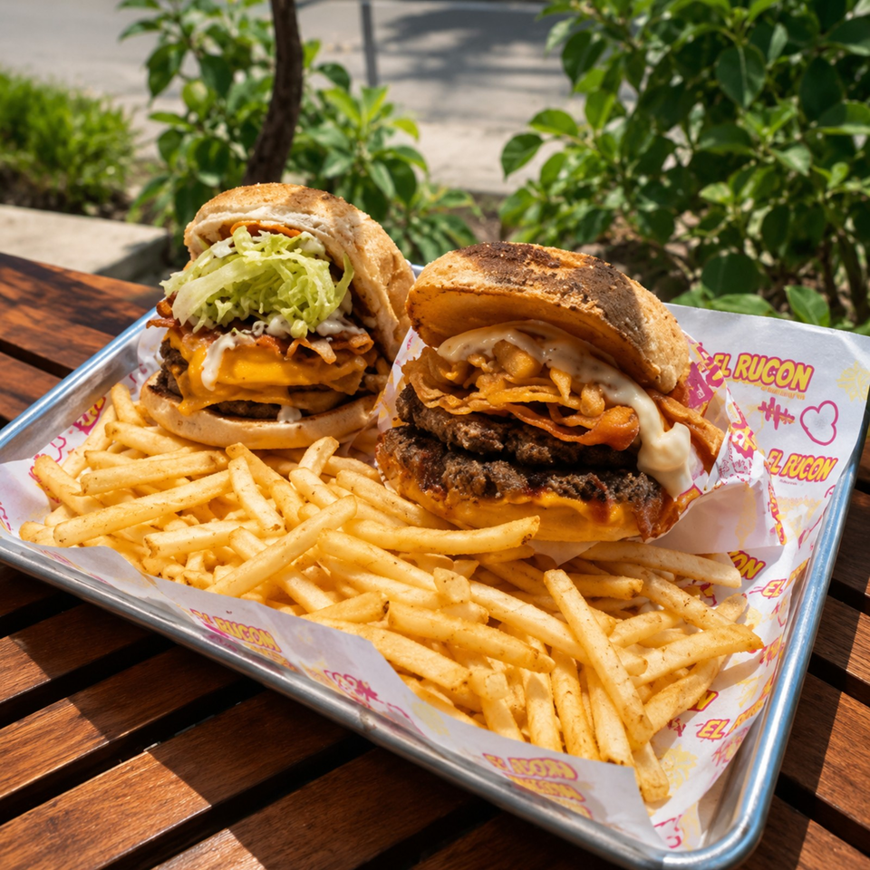 Two loaded cheeseburgers with lettuce, crispy toppings, and sauce served with seasoned fries on a branded tray outdoors.