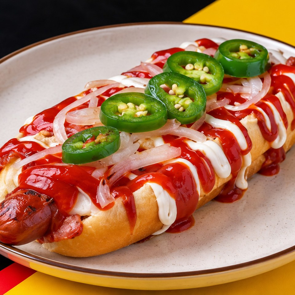 Loaded hot dog in a toasted bun topped with ketchup, mayonnaise, onions, and sliced jalapeños on a plate.