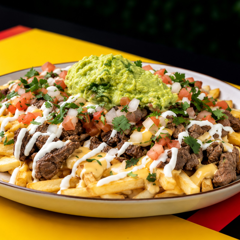 Loaded plate of steak fries topped with cheese sauce, guacamole, diced tomatoes, onions, cilantro, and sour cream.