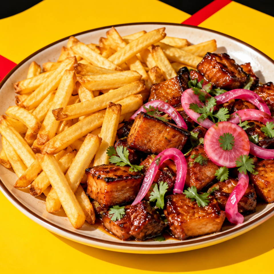 Plate of golden fries and glazed grilled meat topped with pickled onions and fresh cilantro.