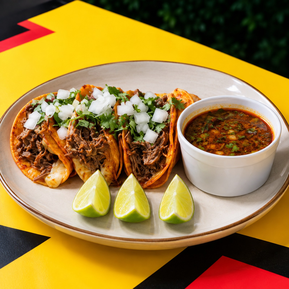 Three birria tacos topped with onion and cilantro, served with consommé and lime wedges on a plate.