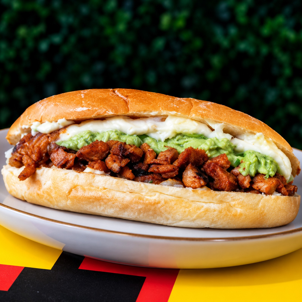 Sub sandwich filled with grilled meat, avocado, and creamy sauce on a plate against a dark green background.