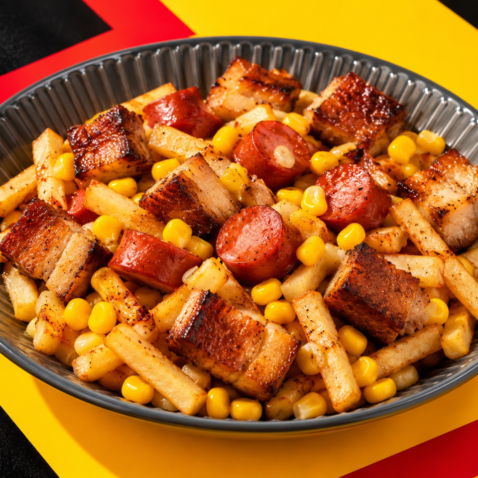 Bowl of seasoned fries topped with grilled sausage slices, roasted meat cubes, and sweet corn.